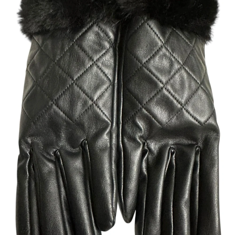 I.N.C. International Concepts Women's Faux-Leather Faux-Fur-Trim Gloves NWOT Blk
